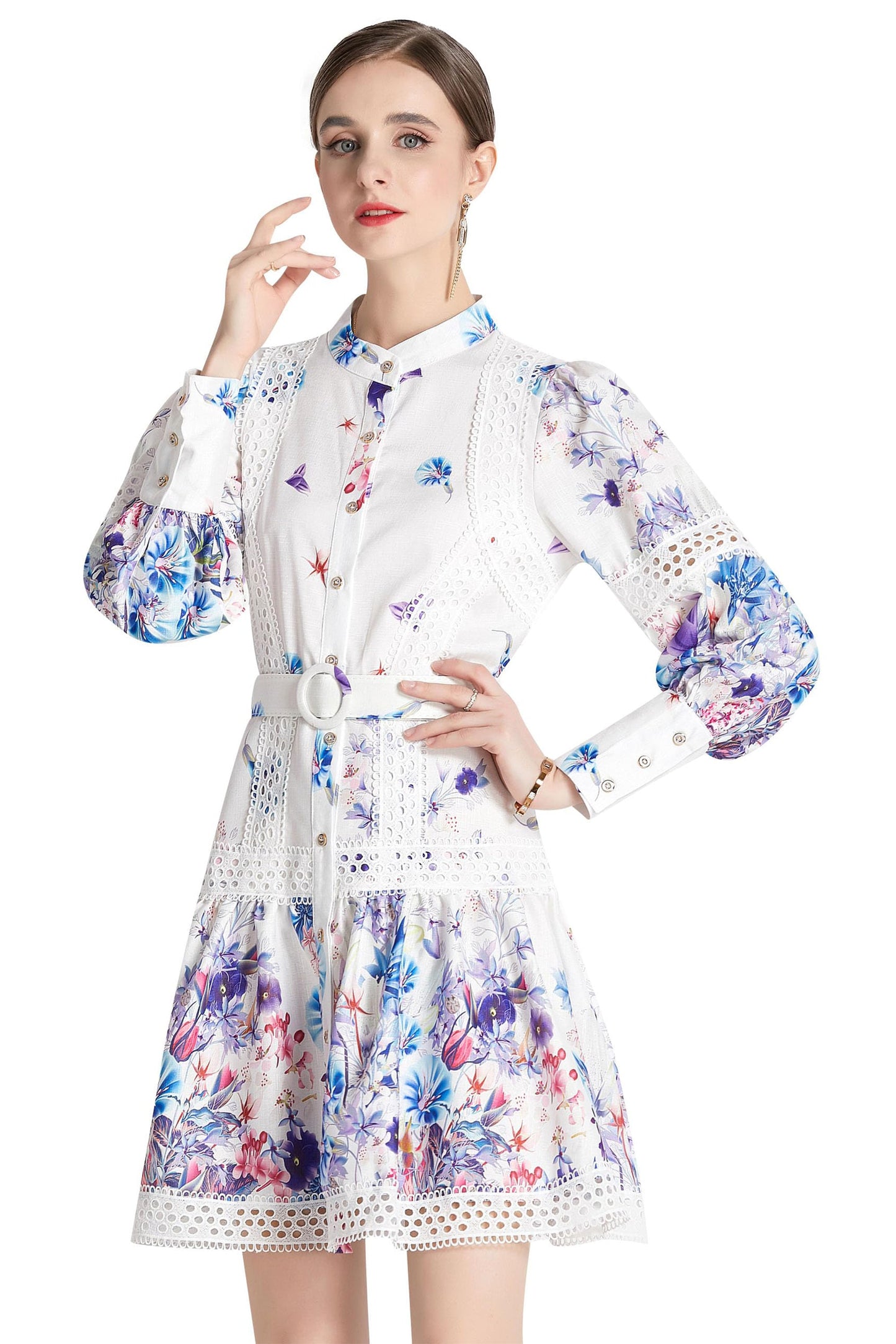 BK-Floral Print Button up Lantern Sleeve Mini Dress with Belt