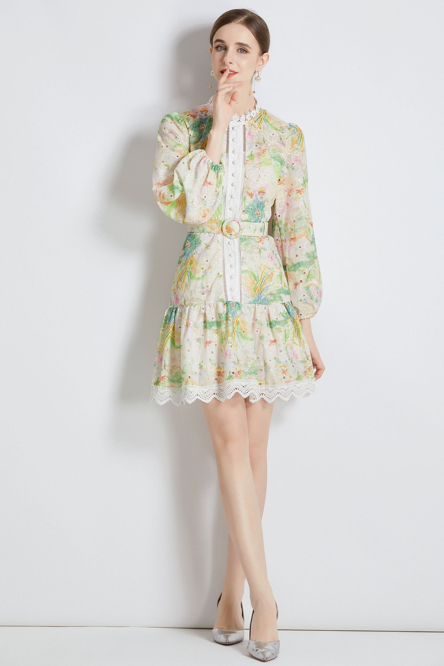 Yellow Floral print Long Puff Sleeve Mini Dress