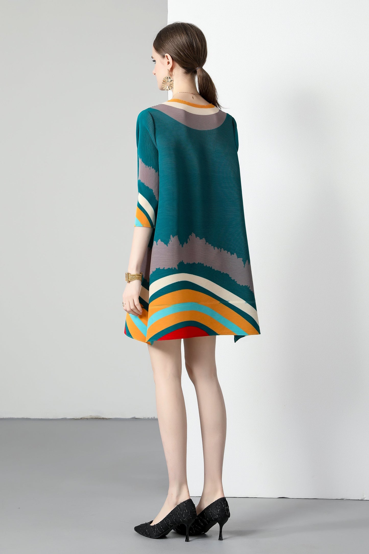 Pleats big Elastic Loose Print Mini Dress