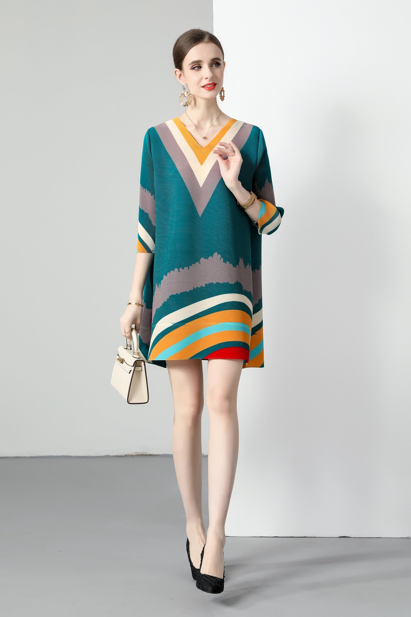 Pleats big Elastic Loose Print Mini Dress