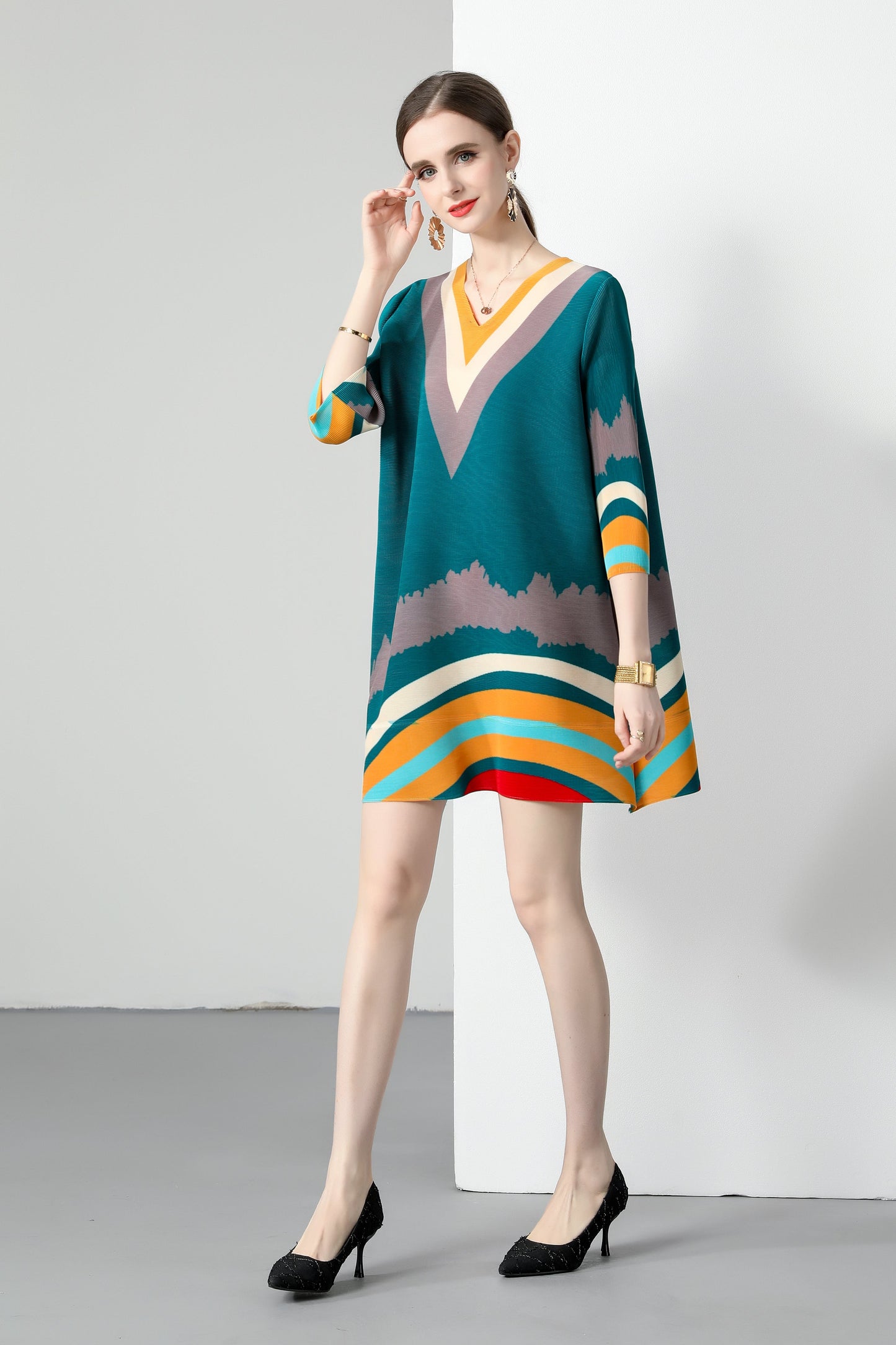 Pleats big Elastic Loose Print Mini Dress