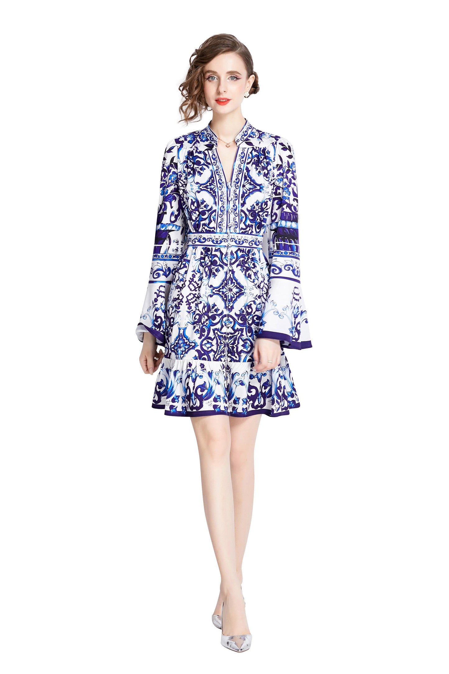 BK-V-neck Bell Sleeve Button Up Casual Mini Dress