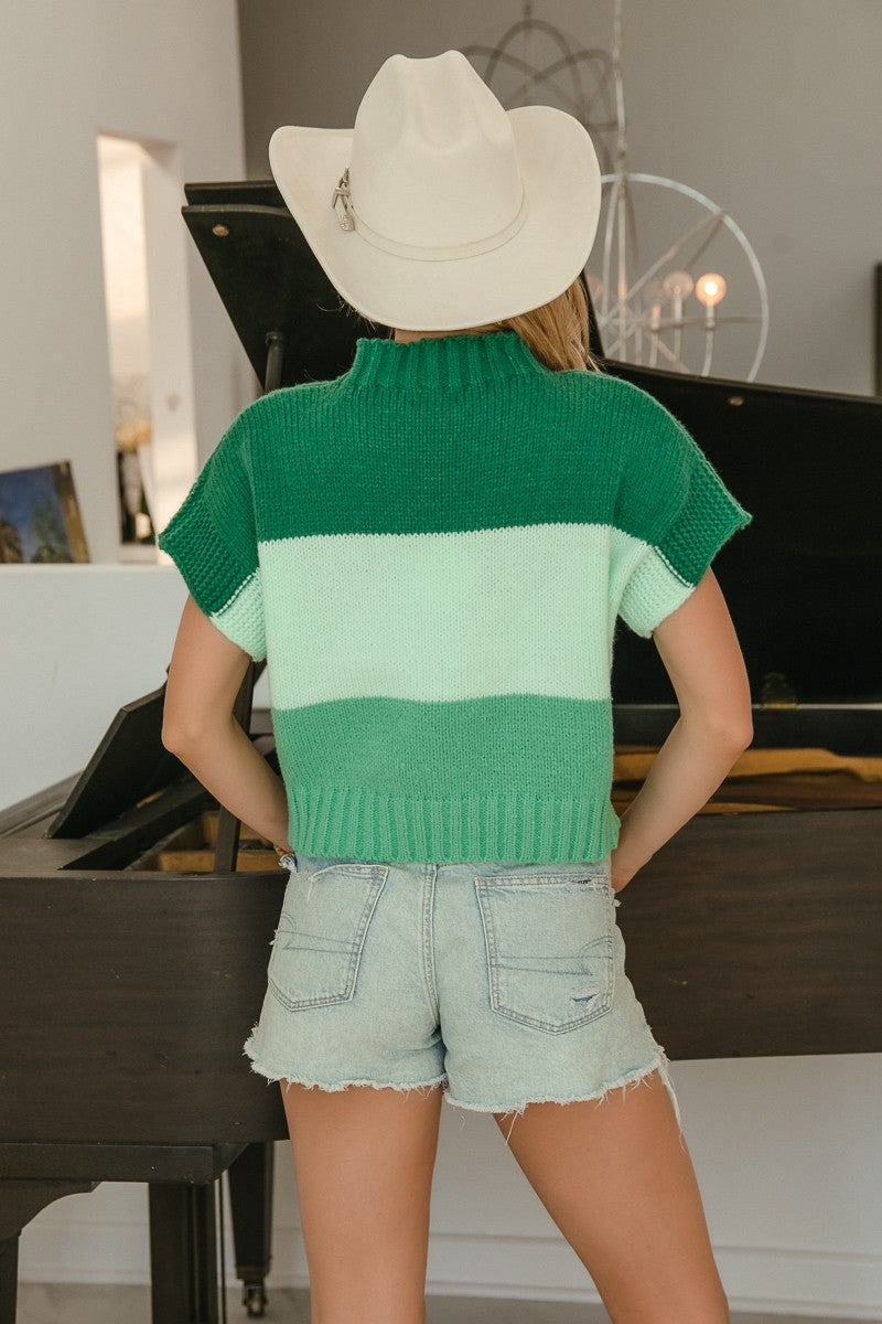 Sequin Clover Embroidery Sleeveless Color Block Sweater