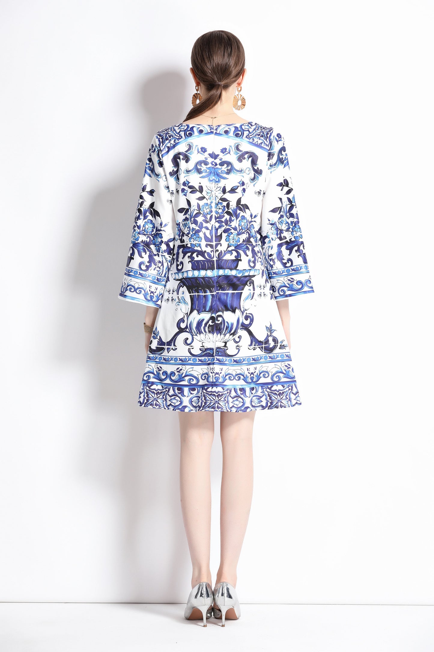 Women's Blue and White Porcelain Pattern Bell Sleeves Mini Dress