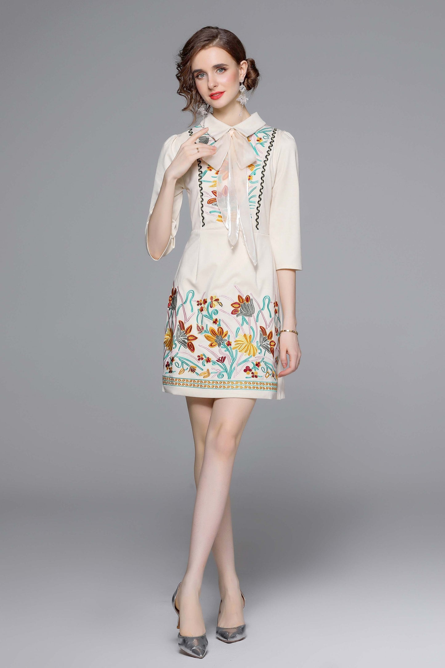 White Collared Tie Neck 1/2 Sleeves Embroidery Mini Dress