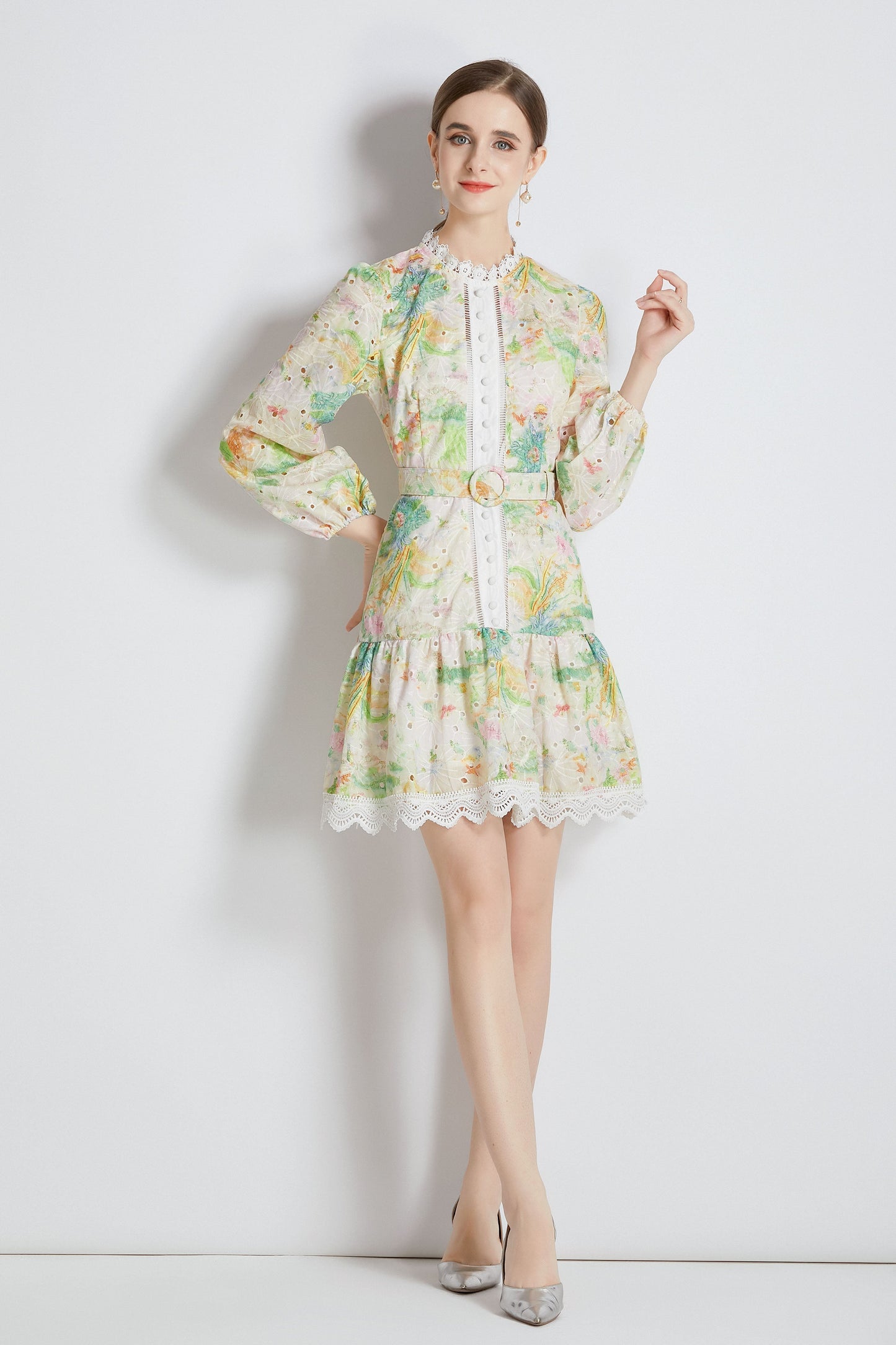 Yellow Floral print Long Puff Sleeve Mini Dress
