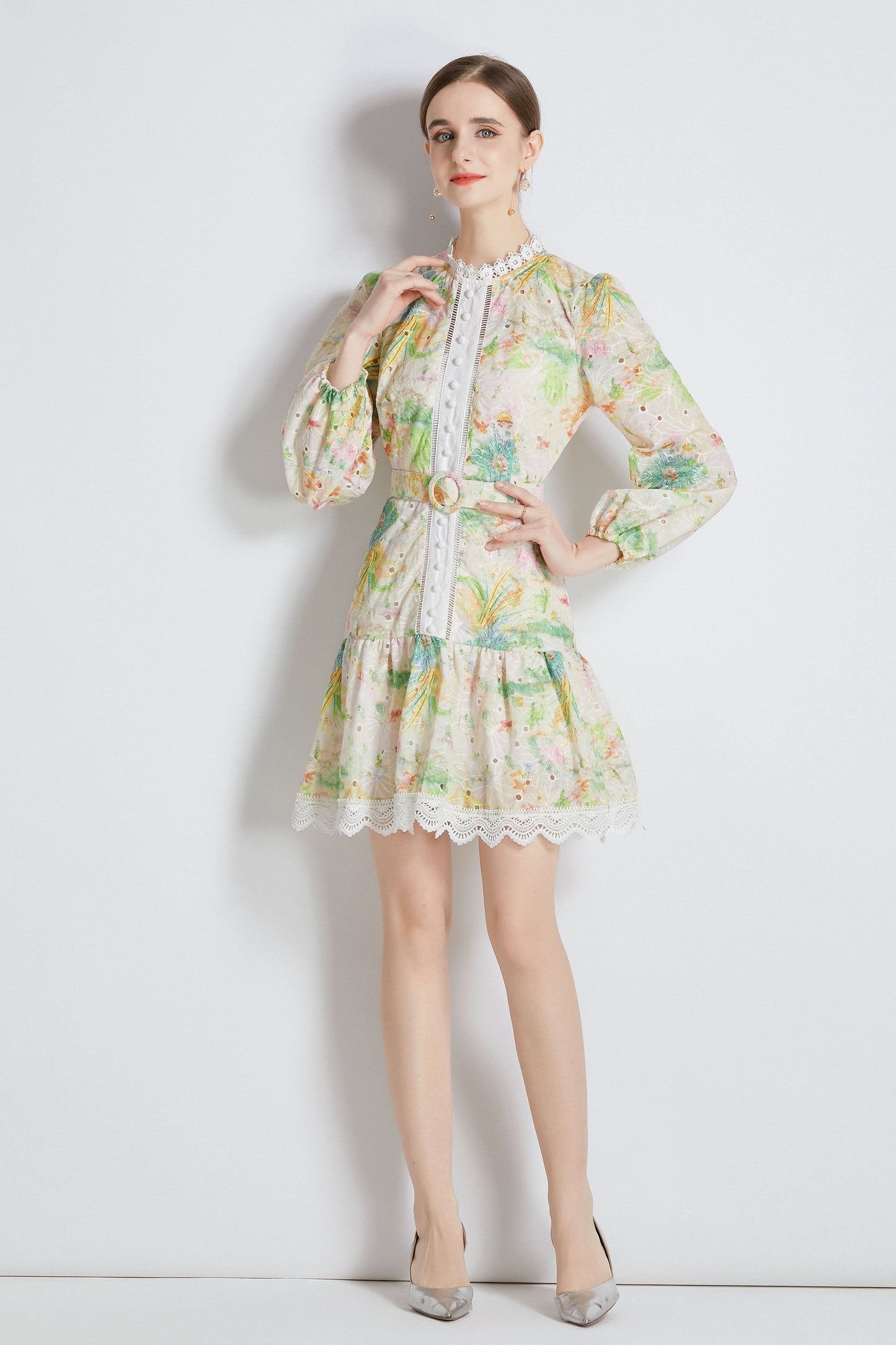 Yellow Floral print Long Puff Sleeve Mini Dress
