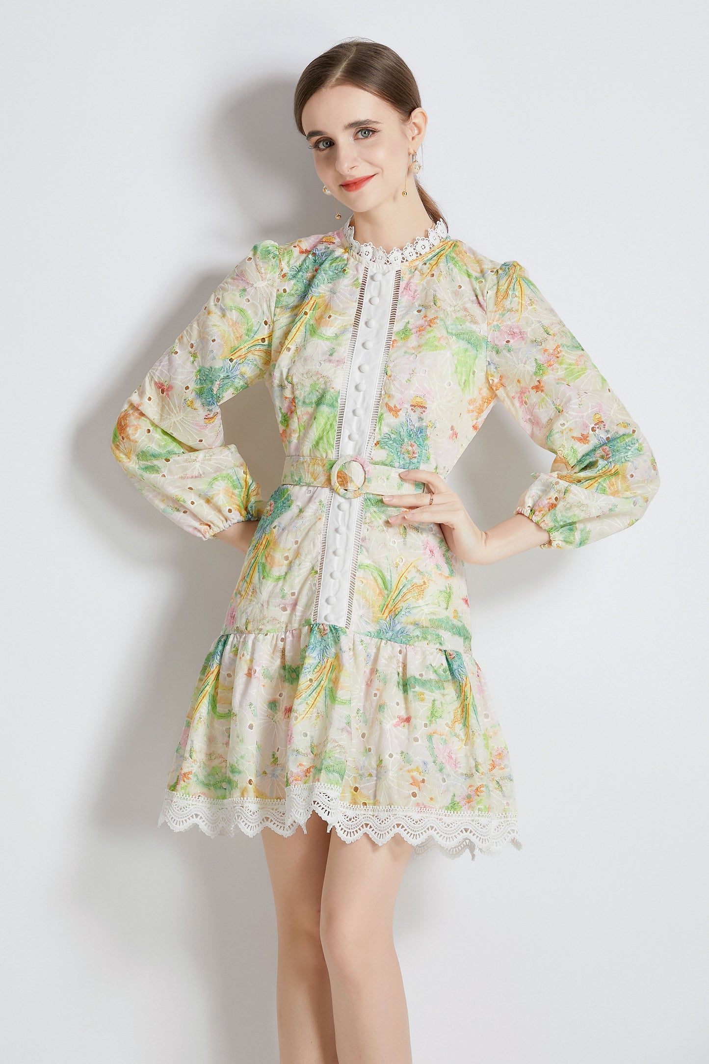Yellow Floral print Long Puff Sleeve Mini Dress