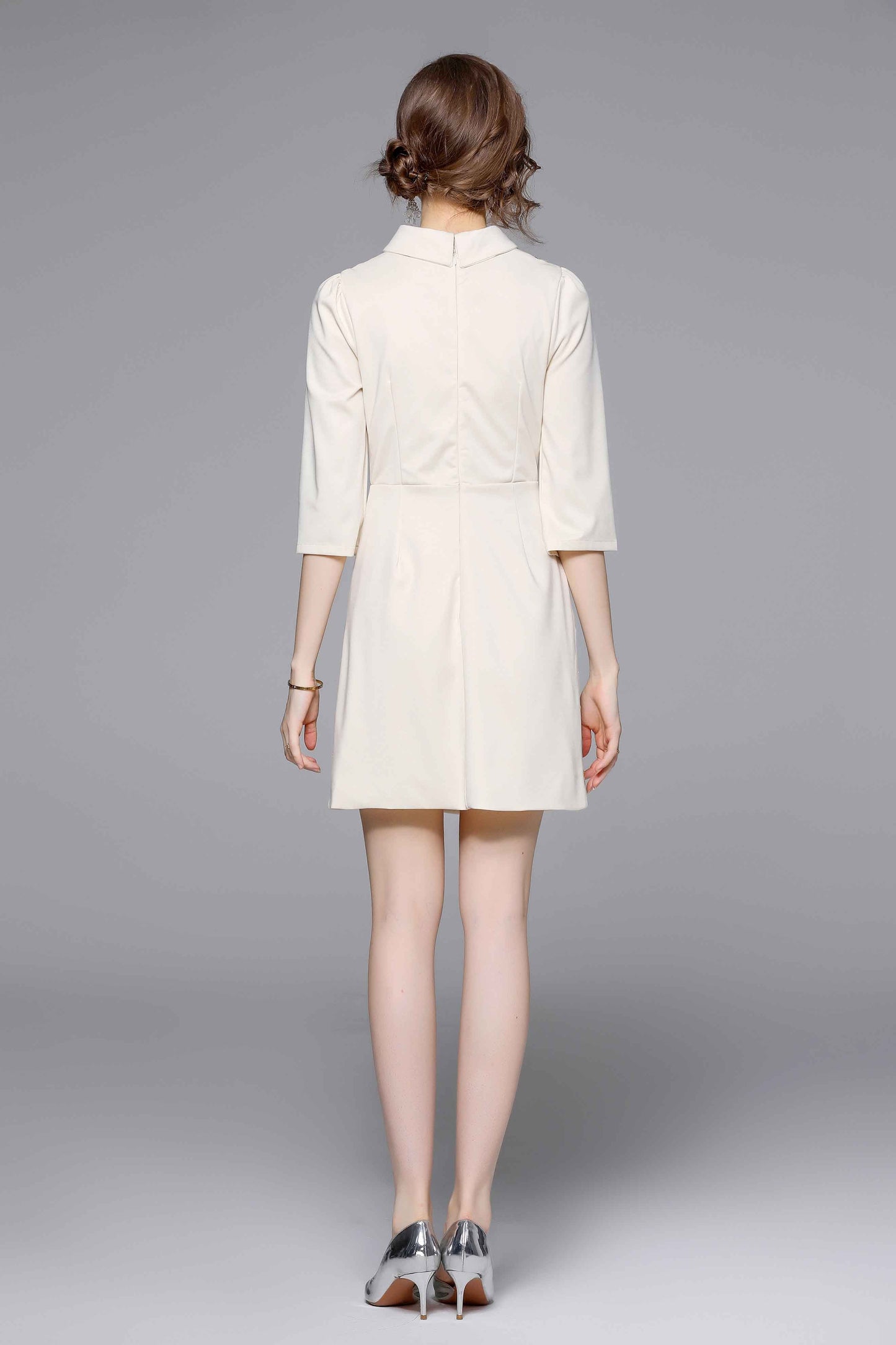 White Collared Tie Neck 1/2 Sleeves Embroidery Mini Dress