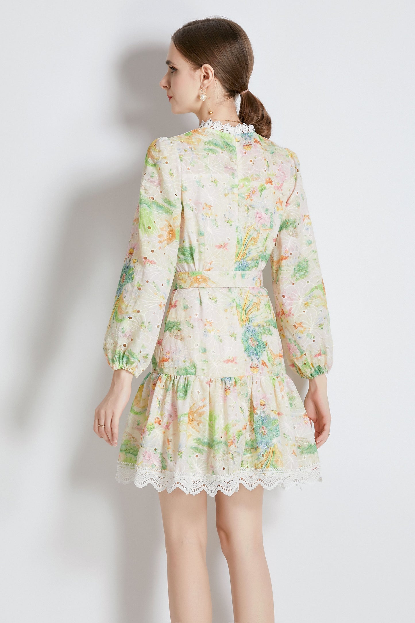 Yellow Floral print Long Puff Sleeve Mini Dress