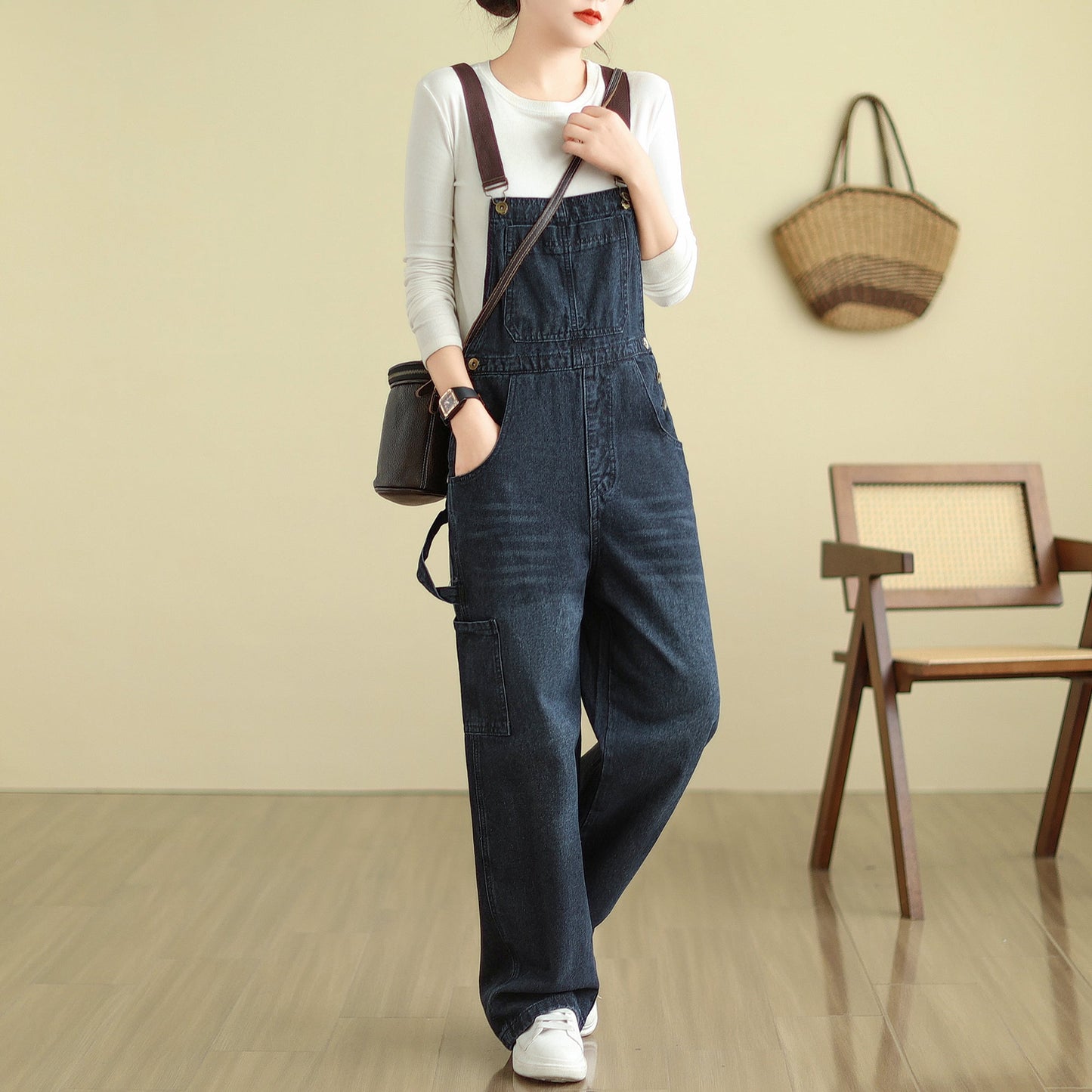 Stretchy Loose Bib Overalls with Pockets
