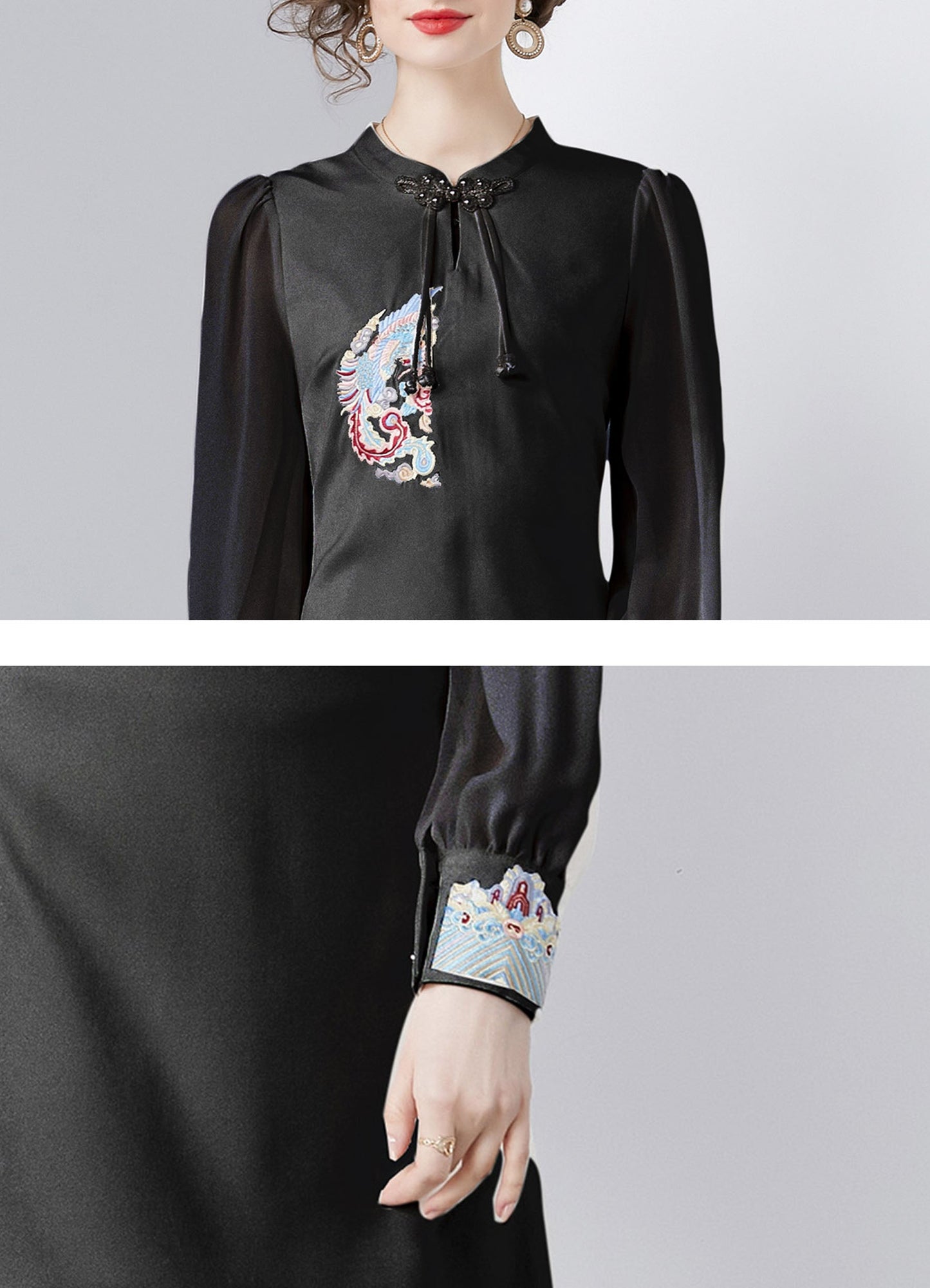 Vintage Women's Elegant Embroidered Hight Neck Mini Dress