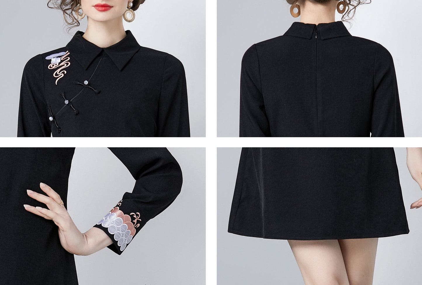 Vintage Women's Elegant Embroidered Hight Neck Mini Dress