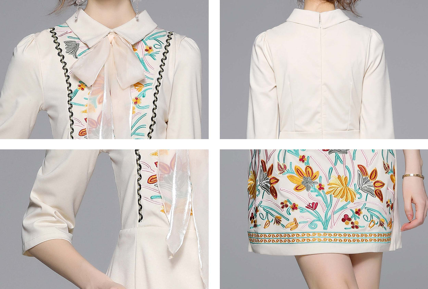 White Collared Tie Neck 1/2 Sleeves Embroidery Mini Dress