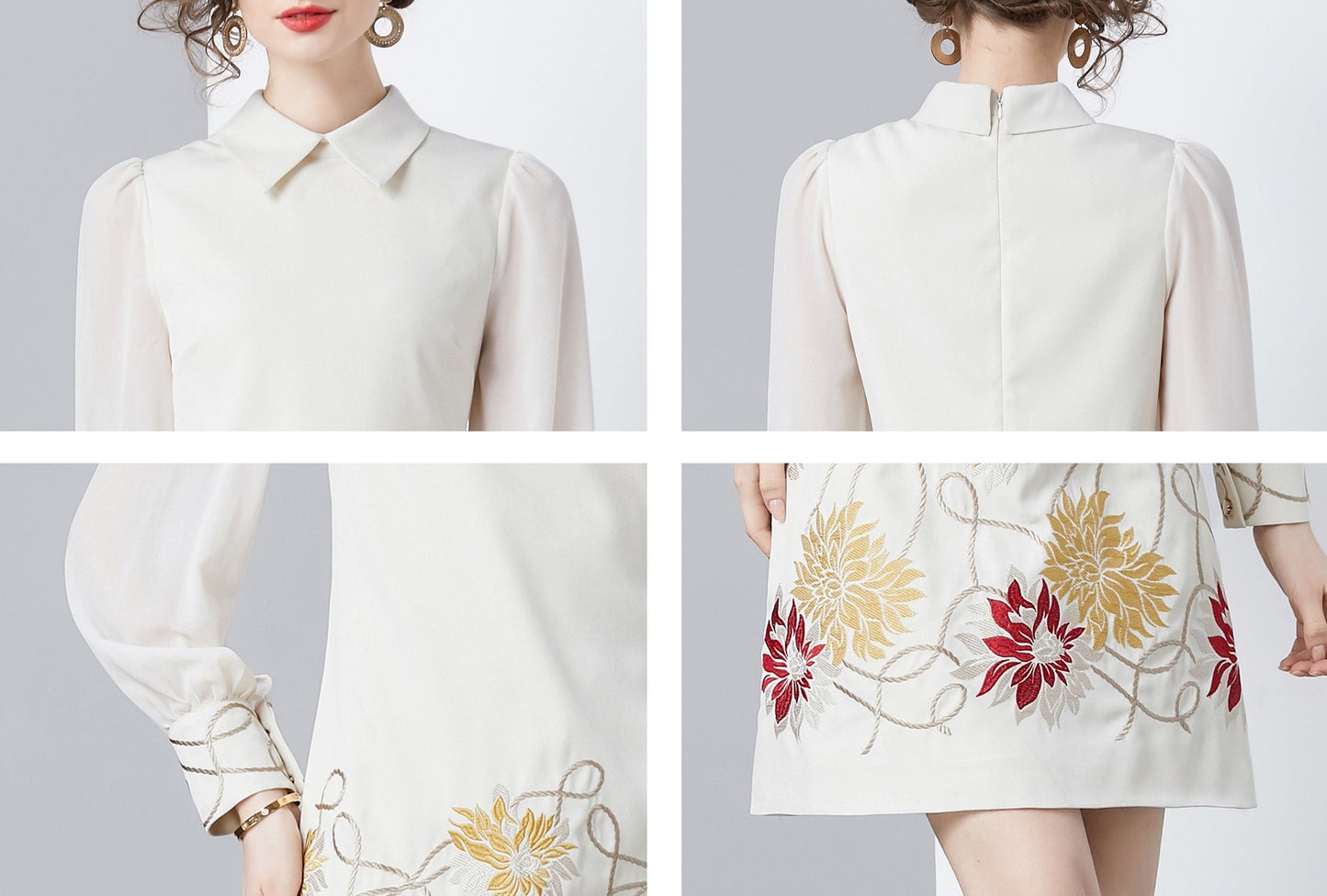 Vintage Women's Elegant Embroidered Hight Neck Mini Dress