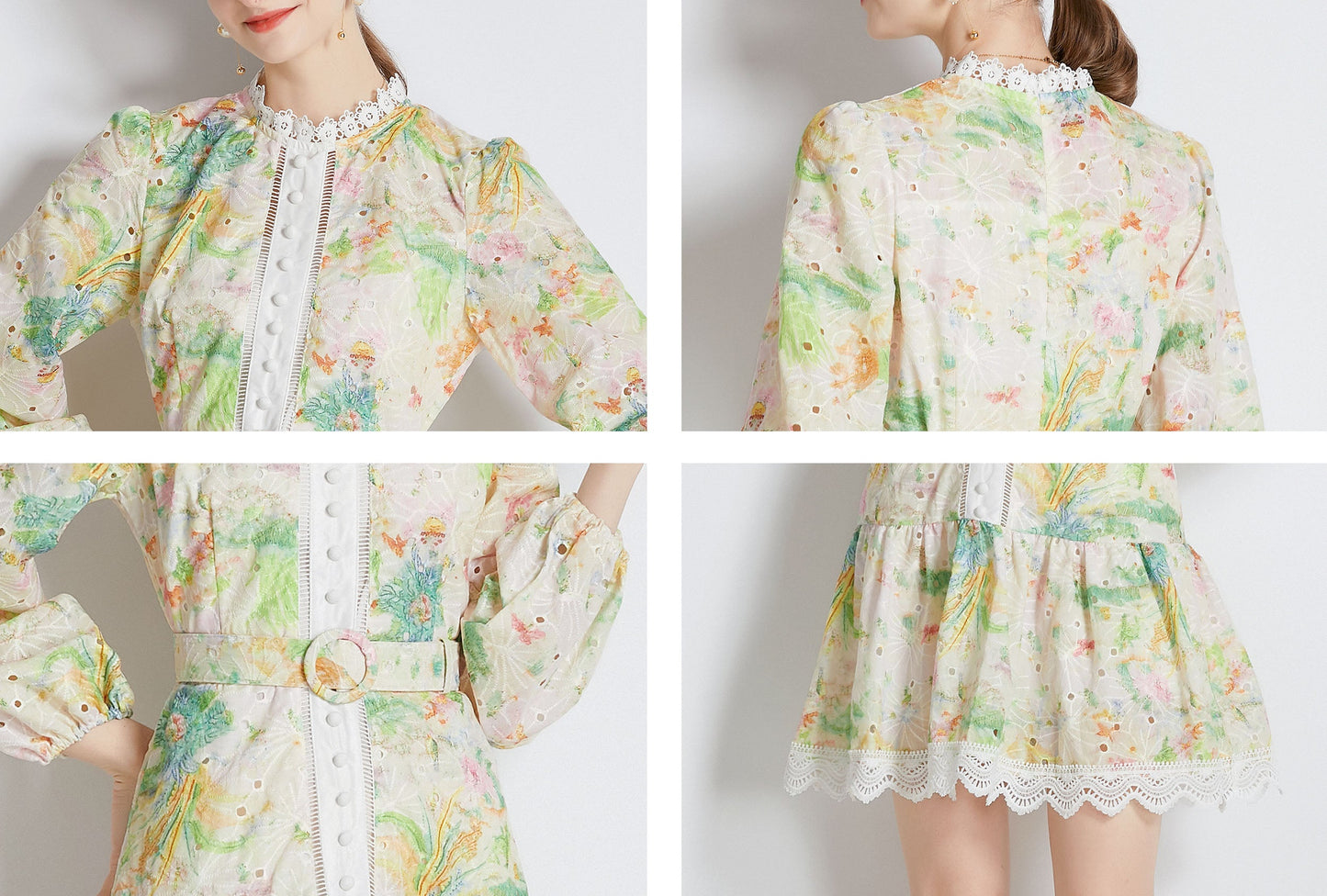 Yellow Floral print Long Puff Sleeve Mini Dress