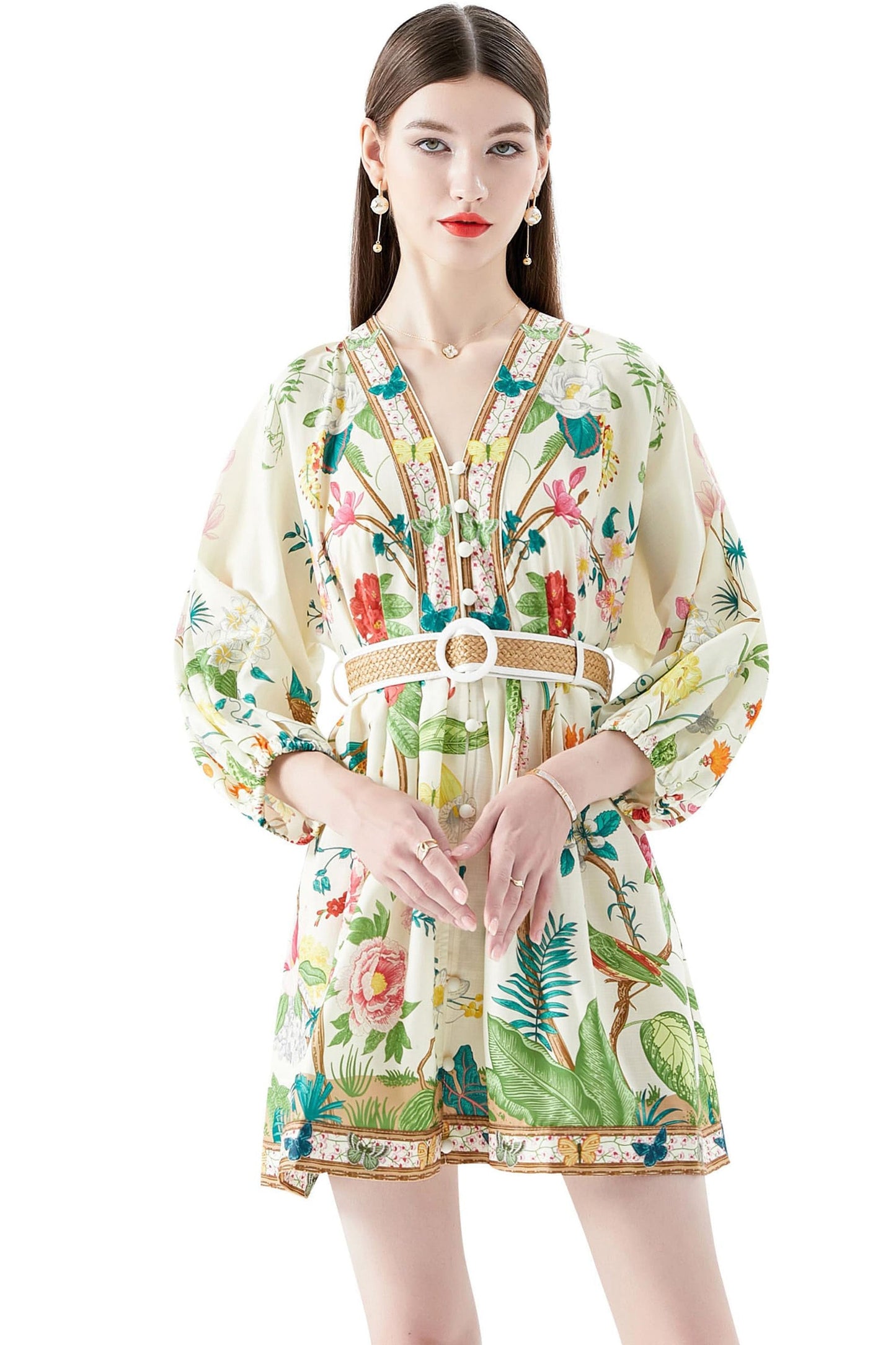 Women's V-Neck Floral Print Lantern Sleeve Button up Casual Mini Dress