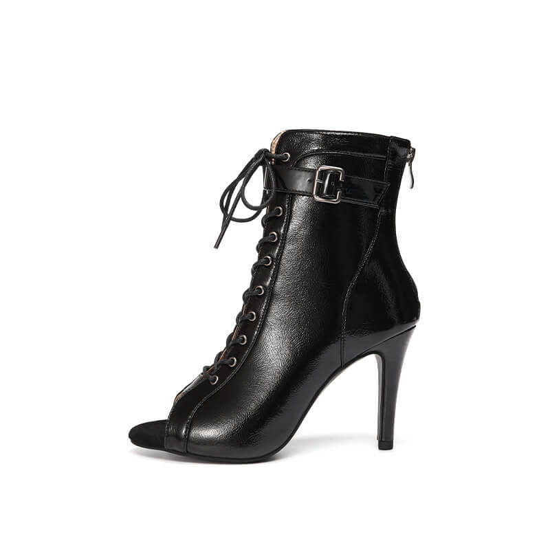 Black Patent Leather Open Toe Stiletto Jazz Boots