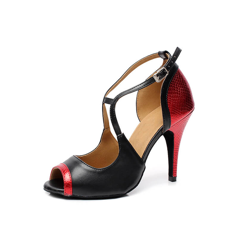 Black Red Leather 8.5cm Heel Strappy Latin Dance Shoes