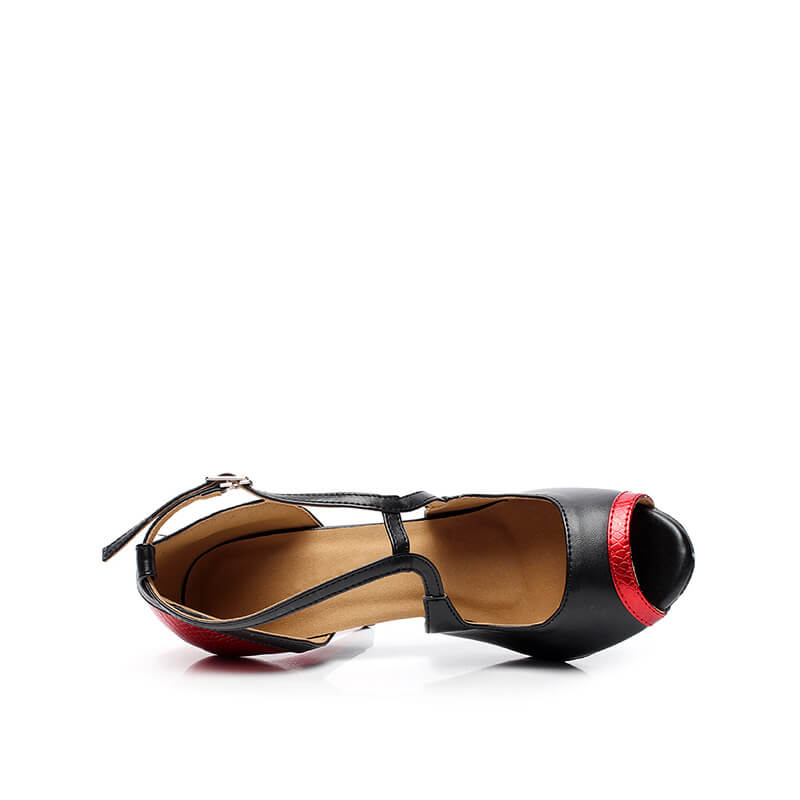 Black Red Leather 8.5cm Heel Strappy Latin Dance Shoes