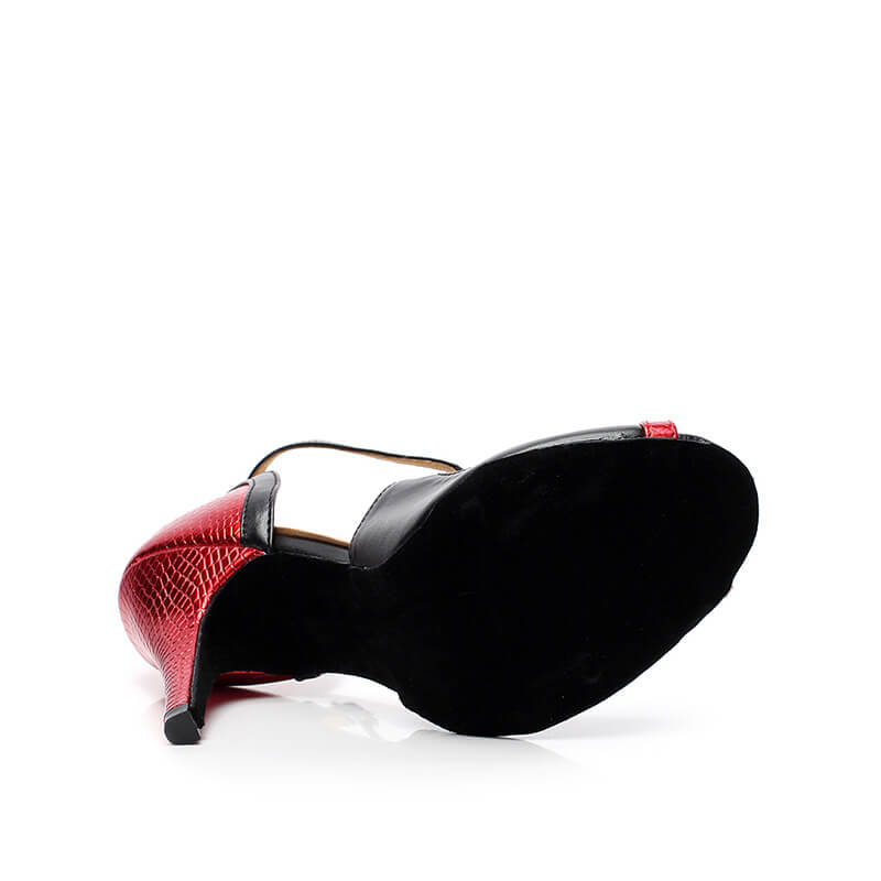 Black Red Leather 8.5cm Heel Strappy Latin Dance Shoes