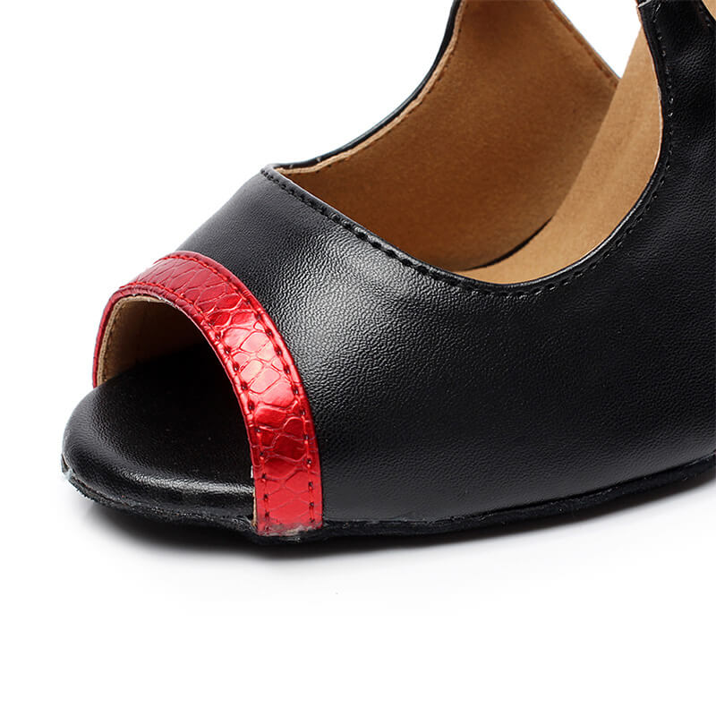 Black Red Leather 8.5cm Heel Strappy Latin Dance Shoes