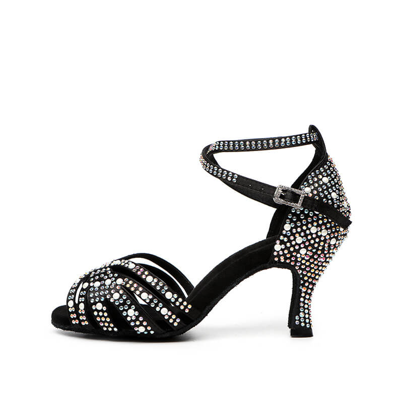 Black Satin Comfortable Heeled Latin Dance Shoes