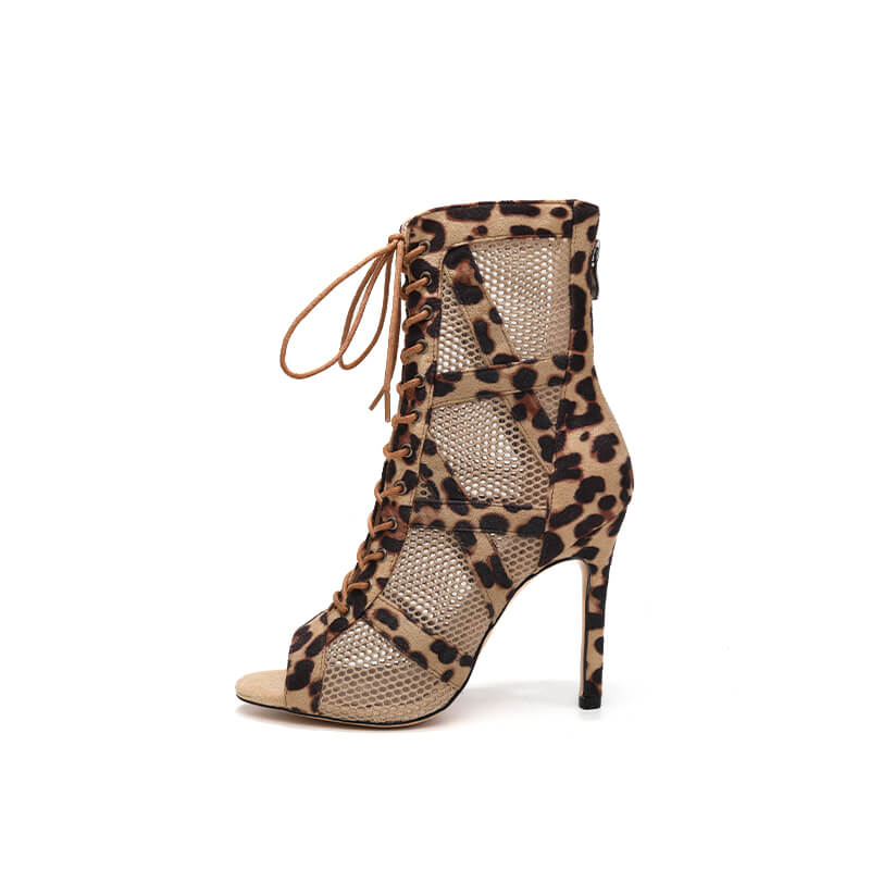 Brown Classic Sexy Leopard Hollow Jazz Heels Ankle Boots
