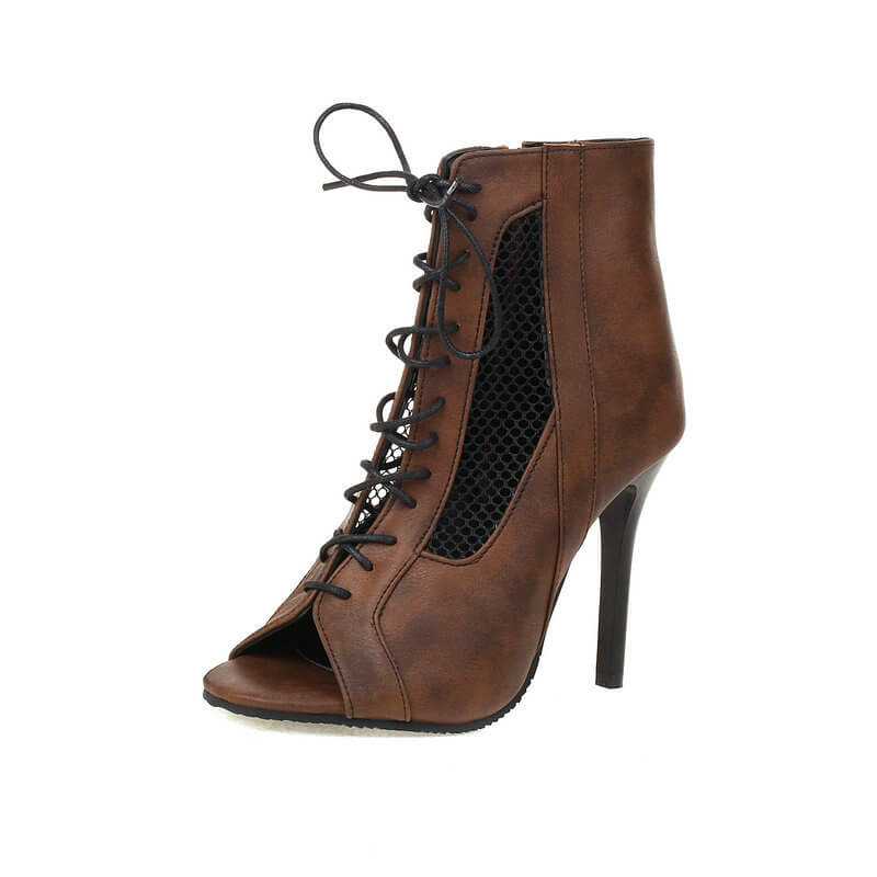 Brown Hollow Stiletto Lace-Up Dancing Shoes