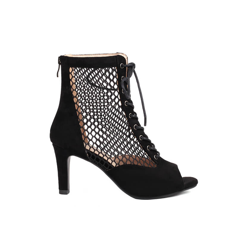 Suede Paneled Mesh High Heel Ankle Boots