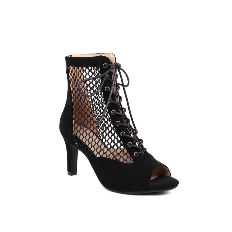 Suede Paneled Mesh High Heel Ankle Boots