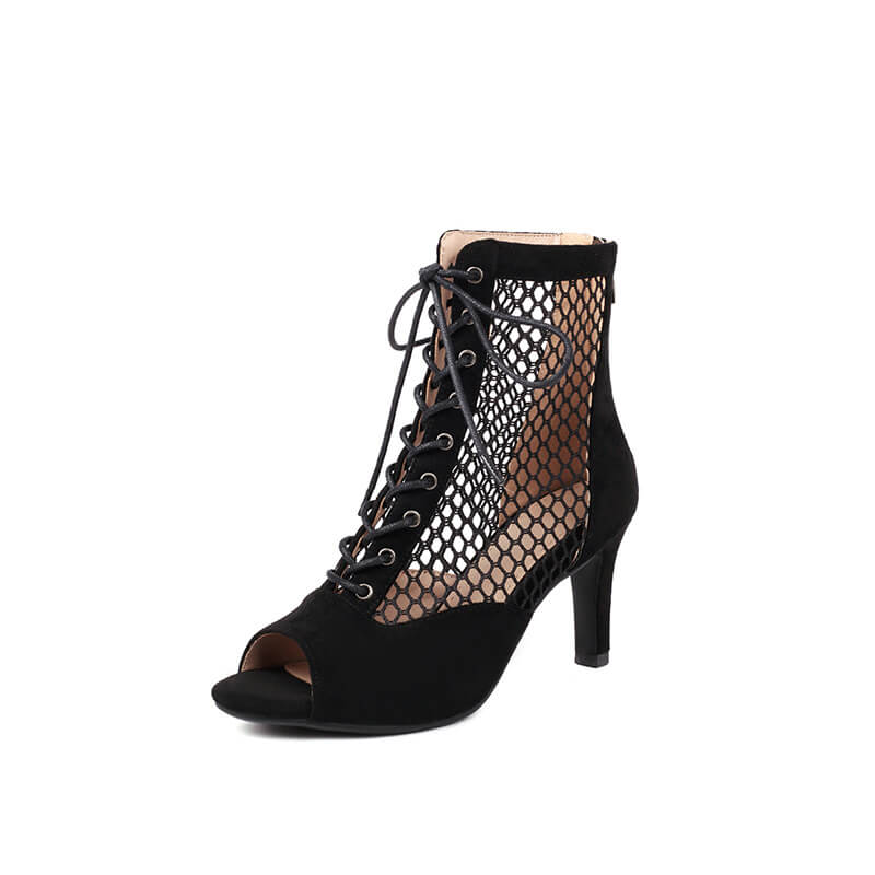 Suede Paneled Mesh High Heel Ankle Boots