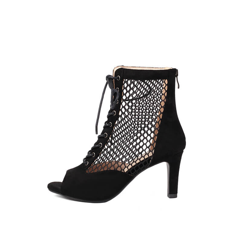 Suede Paneled Mesh High Heel Ankle Boots
