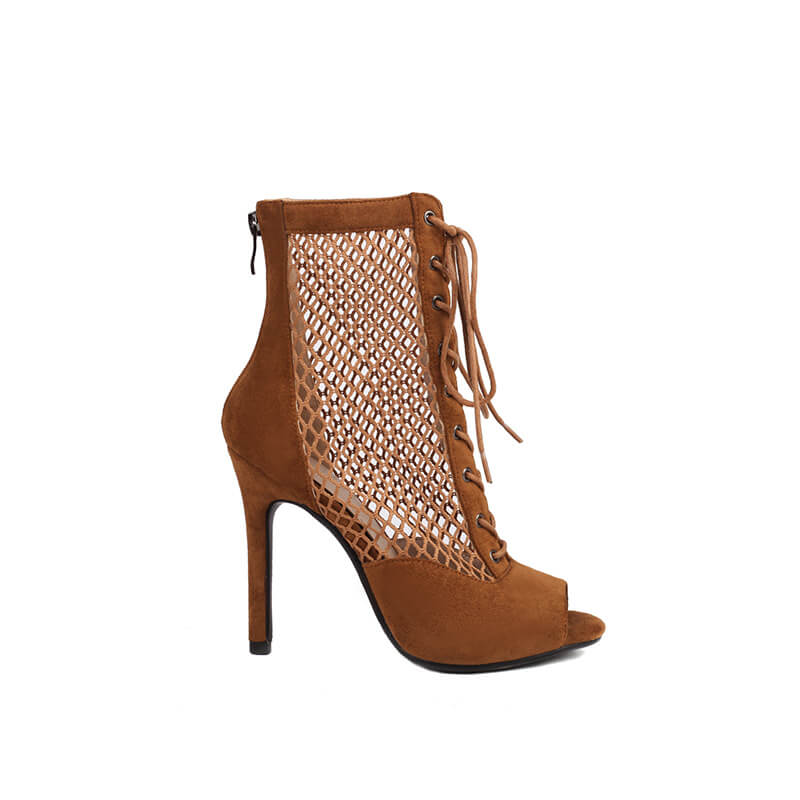 Suede Paneled Mesh High Heel Ankle Boots