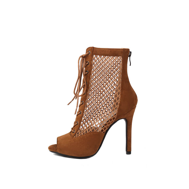 Suede Paneled Mesh High Heel Ankle Boots