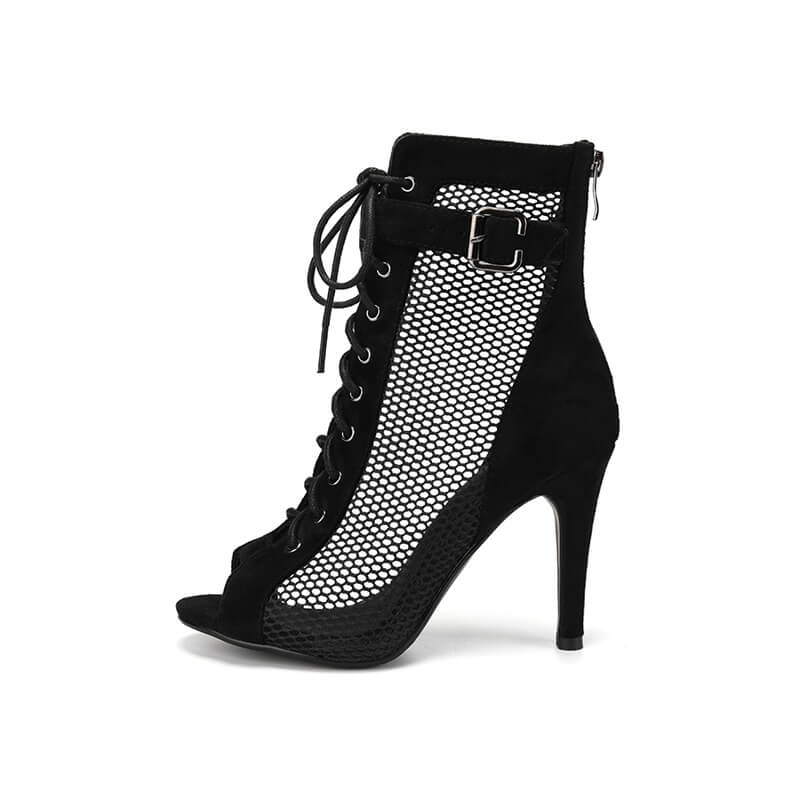 Suede Paneled Mesh Side Buckle High Heel Boots