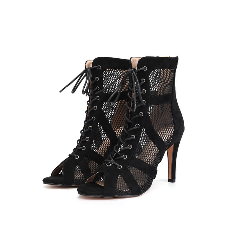 Suede Peep Toe Lace-up Mesh Stiletto Heels Boots