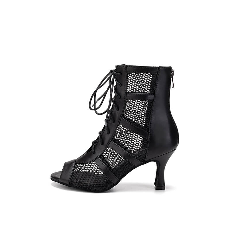 Women's Leather Mesh Lace Up Heels Boots