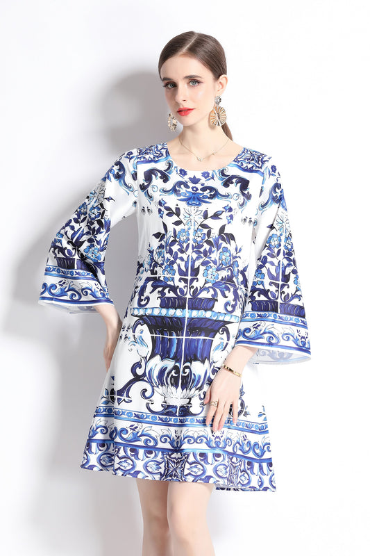 Women's Blue and White Porcelain Pattern Bell Sleeves Mini Dress