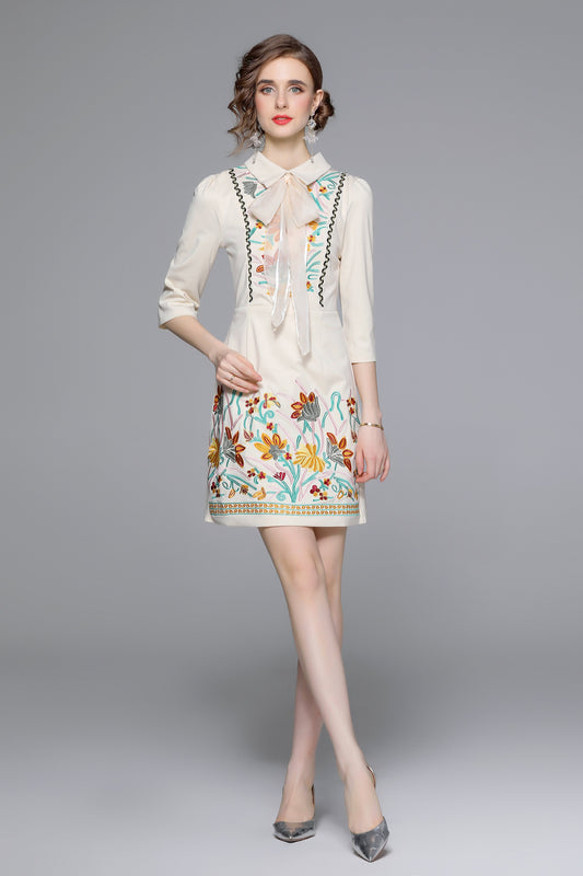 White Collared Tie Neck 1/2 Sleeves Embroidery Mini Dress